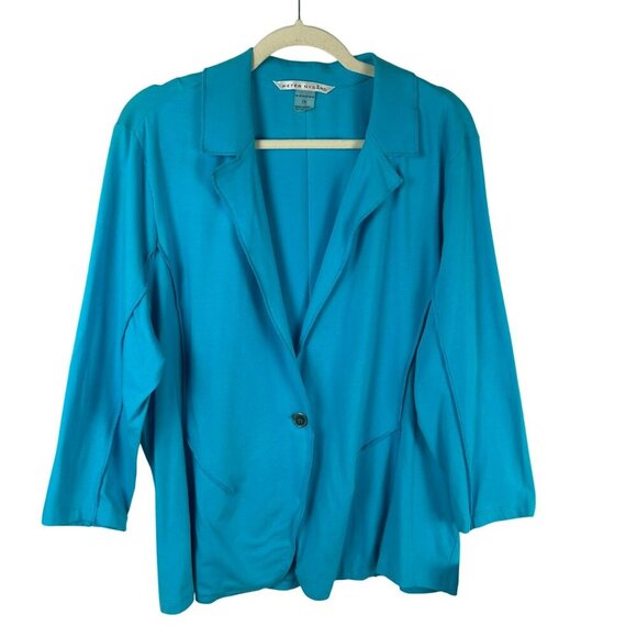 NEW Peter Nygard Stretch Knit Blazer Women Plus 1X Blue Turquoise 3/4 Sleeves - Picture 1 of 6